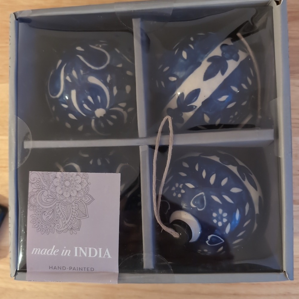 Blue Pottery Ball Ornaments, Hand-Painted Indian Decor, Set of 4 Large